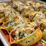 ['Close-up of spinach and artichoke stuffed jumbo shells topped with red pasta sauce.', 'Side view of a plate filled with spinach and artichoke stuffed shells garnished with cheese.', 'Juicy spinach and artichoke stuffed shells drizzled with marinara sauce, showcasing texture.', 'Jumbo pasta shells filled with a creamy spinach and artichoke mixture, side view presentation.']