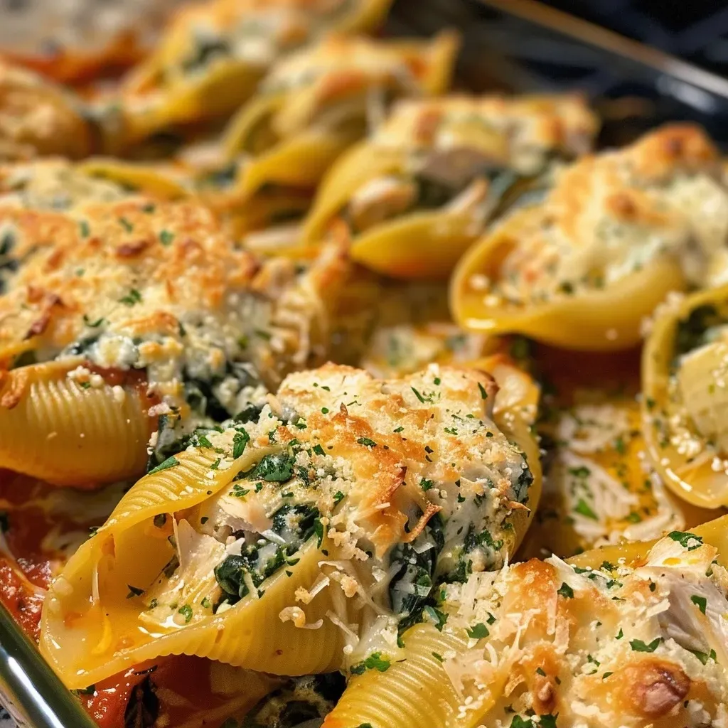['Close-up of spinach and artichoke stuffed jumbo shells topped with red pasta sauce.', 'Side view of a plate filled with spinach and artichoke stuffed shells garnished with cheese.', 'Juicy spinach and artichoke stuffed shells drizzled with marinara sauce, showcasing texture.', 'Jumbo pasta shells filled with a creamy spinach and artichoke mixture, side view presentation.']