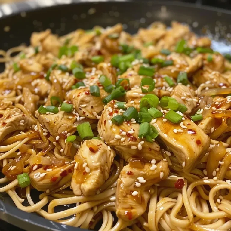 ['Close-up view of sticky garlic chicken noodles with tender chicken pieces and garnishes.', 'Side view of a bowl filled with sticky garlic chicken noodles, showcasing glistening sauce and toppings.', 'Juicy sticky garlic chicken served on a bed of noodles, displaying vibrant green onions and sesame seeds.', 'A delicious serving of sticky garlic chicken noodles, emphasizing the rich glaze and fresh ingredients.']
