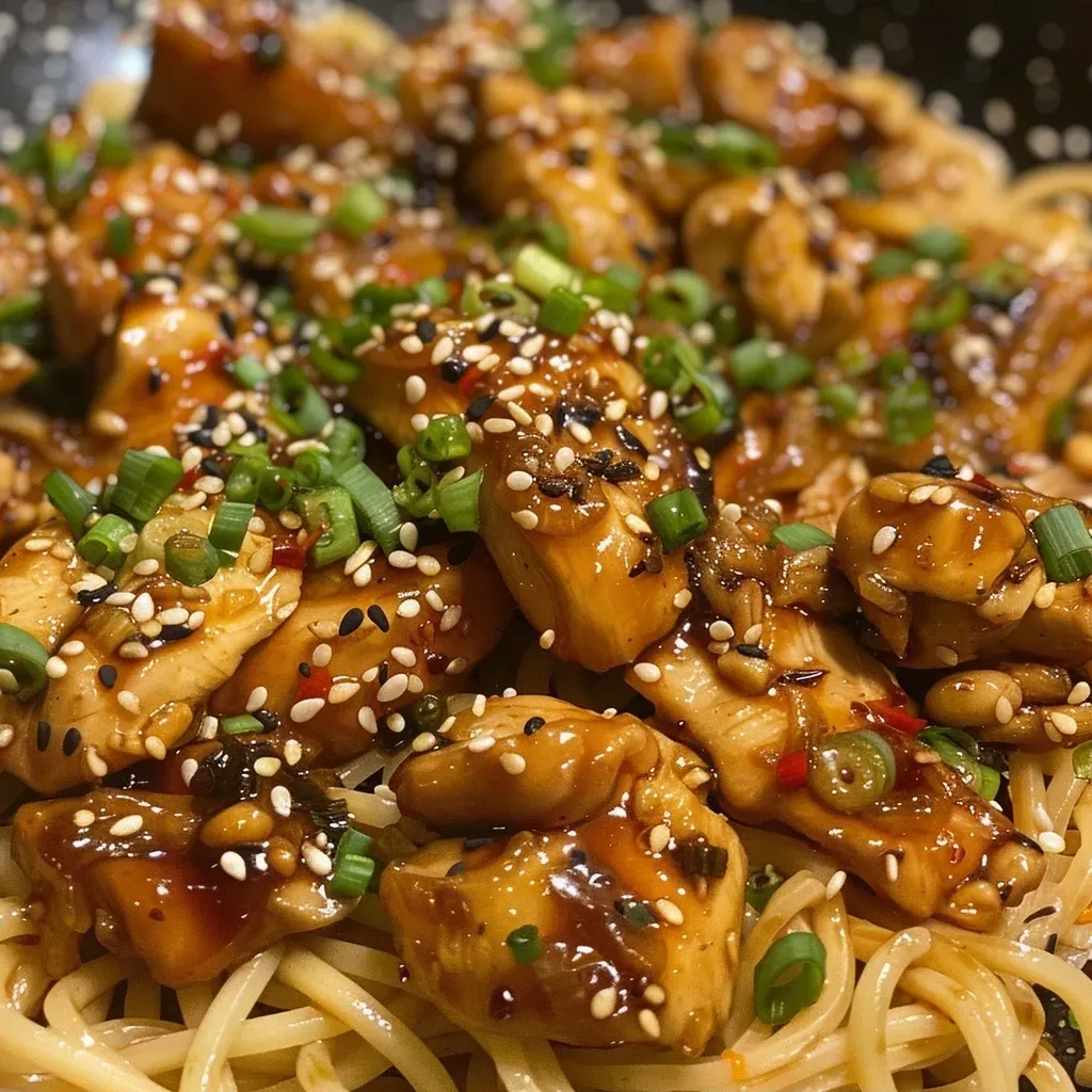 ['Close-up view of sticky garlic chicken noodles with tender chicken pieces and garnishes.', 'Side view of a bowl filled with sticky garlic chicken noodles, showcasing glistening sauce and toppings.', 'Juicy sticky garlic chicken served on a bed of noodles, displaying vibrant green onions and sesame seeds.', 'A delicious serving of sticky garlic chicken noodles, emphasizing the rich glaze and fresh ingredients.']