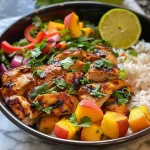['A colorful bowl of Summer Peach BBQ Chicken with diced peaches and peppers.', 'Close-up of a succulent Summer Peach BBQ Chicken Bowl filled with vibrant ingredients.', 'A side view of a delicious Summer Peach BBQ Chicken Bowl garnished with cilantro.', 'A fresh Summer Peach BBQ Chicken Bowl featuring juicy peaches and grilled chicken.']