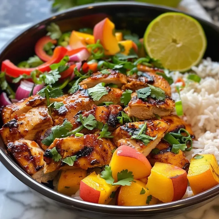 ['A colorful bowl of Summer Peach BBQ Chicken with diced peaches and peppers.', 'Close-up of a succulent Summer Peach BBQ Chicken Bowl filled with vibrant ingredients.', 'A side view of a delicious Summer Peach BBQ Chicken Bowl garnished with cilantro.', 'A fresh Summer Peach BBQ Chicken Bowl featuring juicy peaches and grilled chicken.']