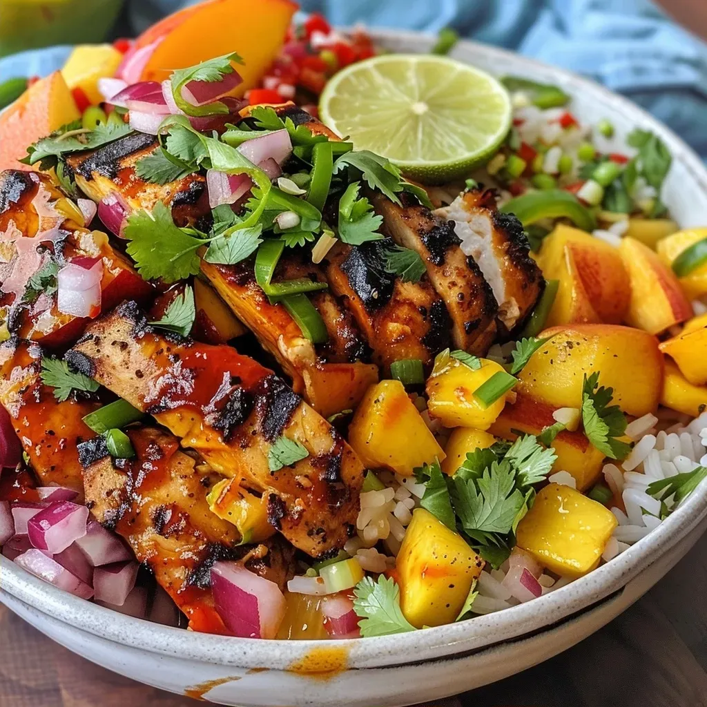 ['A colorful bowl of Summer Peach BBQ Chicken with diced peaches and peppers.', 'Close-up of a succulent Summer Peach BBQ Chicken Bowl filled with vibrant ingredients.', 'A side view of a delicious Summer Peach BBQ Chicken Bowl garnished with cilantro.', 'A fresh Summer Peach BBQ Chicken Bowl featuring juicy peaches and grilled chicken.']