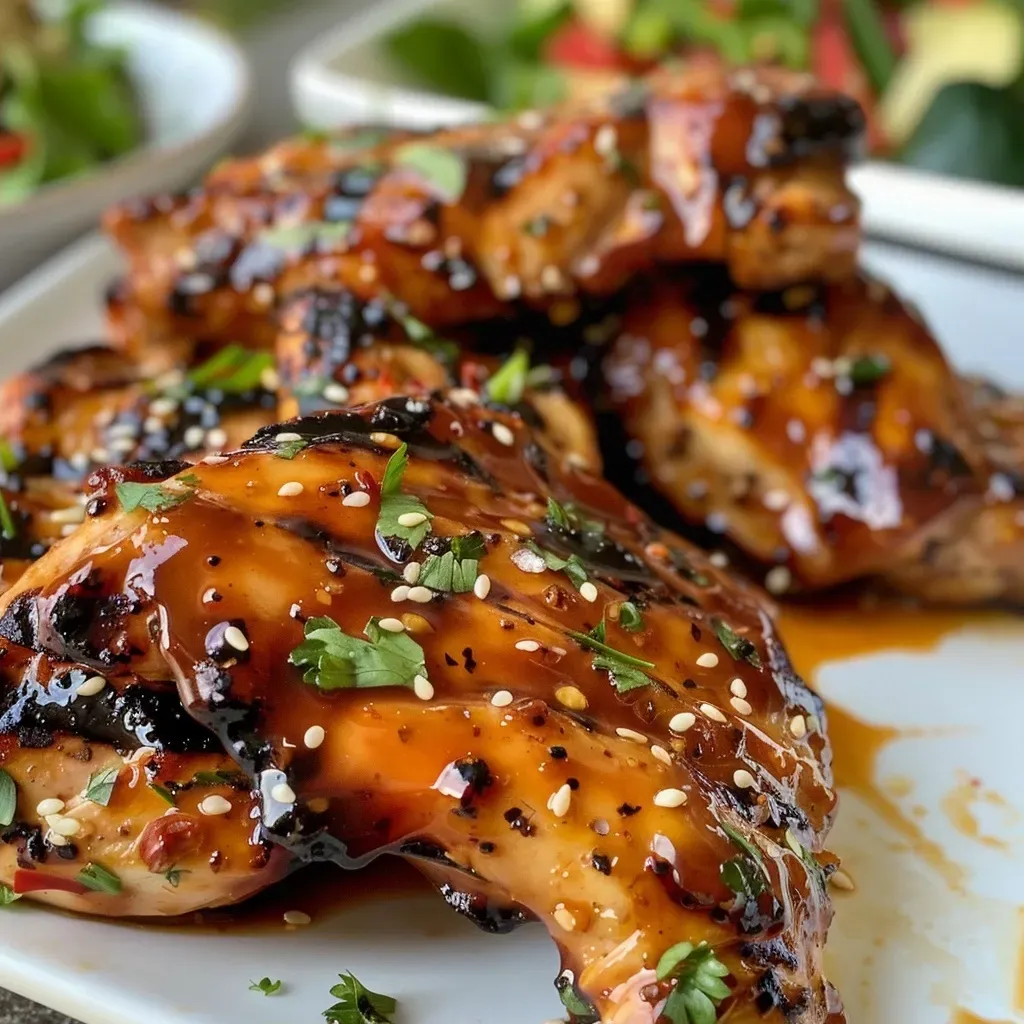 ['Juicy grilled chicken thighs glazed with sweet chili sauce, garnished with fresh herbs.', 'Side view of succulent Sweet Chili Glazed Grilled Chicken on a plate, showcasing glistening sauce.', 'Close-up of tender chicken thighs coated in a vibrant sweet chili glaze, with a fork nearby.', 'Appetizing shot of grilled chicken drizzled with a rich sweet chili sauce, surrounded by garlic cloves.']