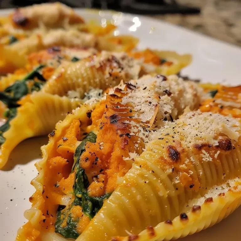 ['Close-up view of juicy sweet potato stuffed shells, garnished with spinach.', 'Side profile of pasta shells stuffed with sweet potato and ricotta cheese, showcasing ingredients.', 'A detailed shot of colorful stuffed shells filled with sweet potato and topped with grated Parmesan.', 'Delicious sweet potato stuffed pasta shells with a vibrant spinach backdrop.']