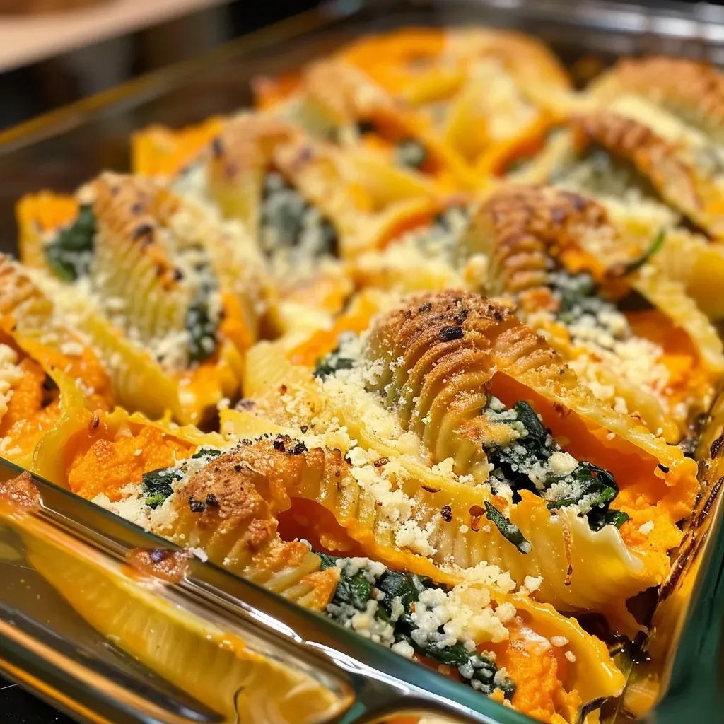 ['Close-up view of juicy sweet potato stuffed shells, garnished with spinach.', 'Side profile of pasta shells stuffed with sweet potato and ricotta cheese, showcasing ingredients.', 'A detailed shot of colorful stuffed shells filled with sweet potato and topped with grated Parmesan.', 'Delicious sweet potato stuffed pasta shells with a vibrant spinach backdrop.']