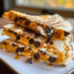 ['Close-up view of a golden-brown Sweet Pumpkin Quesadilla filled with pumpkin puree and melted cheese.', 'Side view of a Sweet Pumpkin Quesadilla showcasing its crispy tortillas and filling with chocolate chips.', 'Juicy Sweet Pumpkin Quesadilla on a plate, topped with a dollop of whipped cream cheese and sprinkled with pumpkin seeds.', 'Delicious Sweet Pumpkin Quesadilla with visible layers of pumpkin puree and mozzarella cheese, served with a side of maple syrup.']