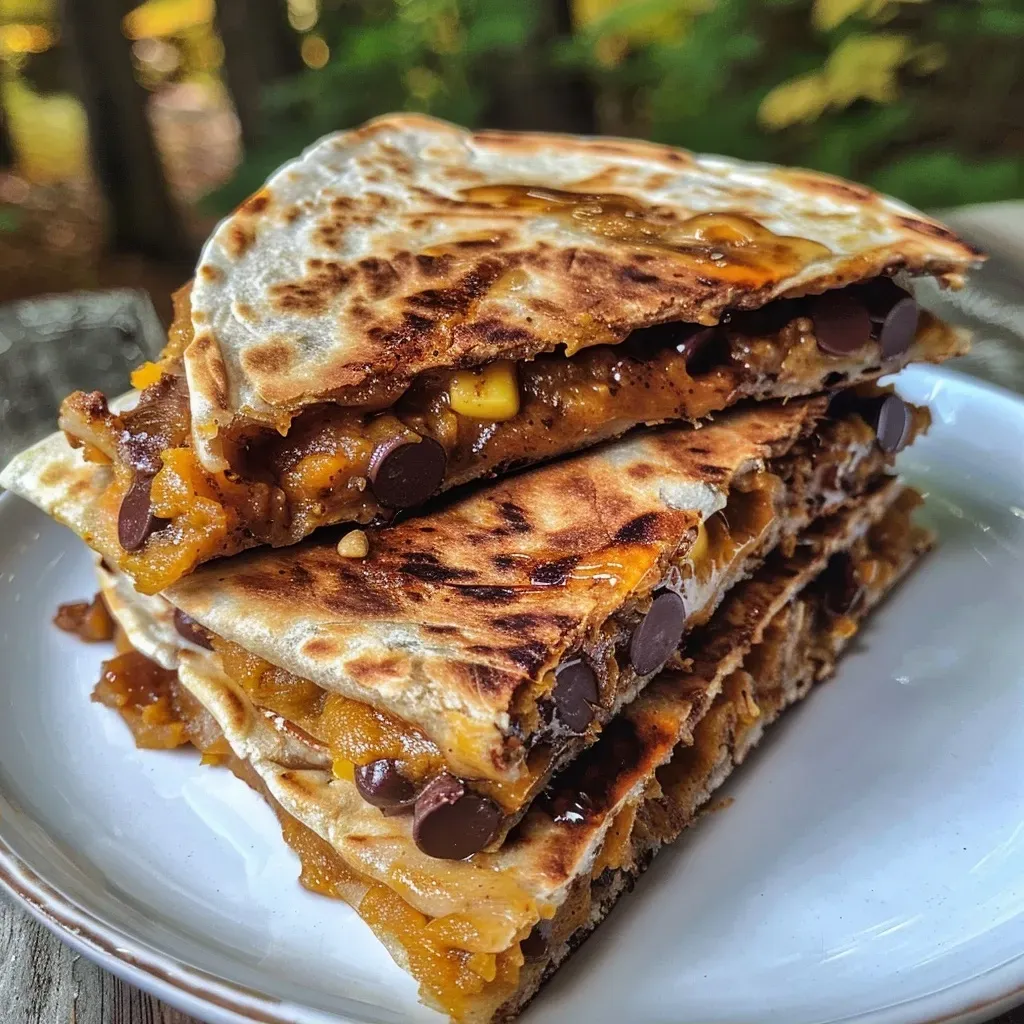 ['Close-up view of a golden-brown Sweet Pumpkin Quesadilla filled with pumpkin puree and melted cheese.', 'Side view of a Sweet Pumpkin Quesadilla showcasing its crispy tortillas and filling with chocolate chips.', 'Juicy Sweet Pumpkin Quesadilla on a plate, topped with a dollop of whipped cream cheese and sprinkled with pumpkin seeds.', 'Delicious Sweet Pumpkin Quesadilla with visible layers of pumpkin puree and mozzarella cheese, served with a side of maple syrup.']
