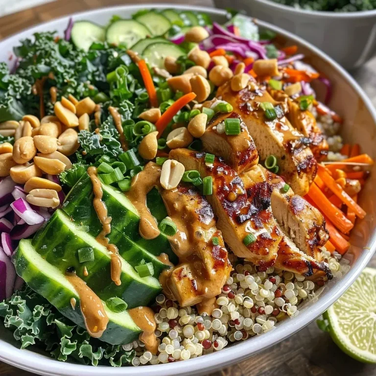 ['Close-up of a vibrant Thai Peanut Chicken Buddha Bowl with colorful vegetables and chicken.', 'Side view of a Thai Peanut Chicken Buddha Bowl, showcasing rice, chicken, and fresh toppings.', 'Deliciously arranged Thai Peanut Chicken Buddha Bowl filled with rice, chicken, and fresh veggies.', 'Thai Peanut Chicken Buddha Bowl, featuring a mix of colorful vegetables and creamy peanut sauce.']