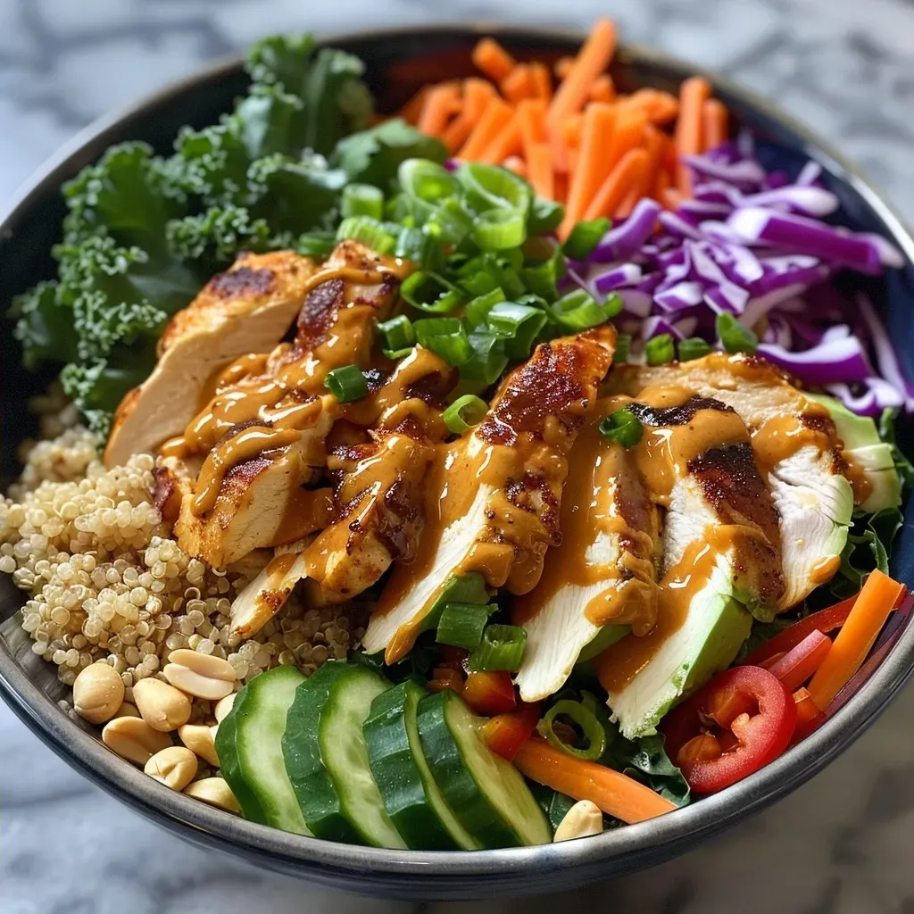 ['Close-up of a vibrant Thai Peanut Chicken Buddha Bowl with colorful vegetables and chicken.', 'Side view of a Thai Peanut Chicken Buddha Bowl, showcasing rice, chicken, and fresh toppings.', 'Deliciously arranged Thai Peanut Chicken Buddha Bowl filled with rice, chicken, and fresh veggies.', 'Thai Peanut Chicken Buddha Bowl, featuring a mix of colorful vegetables and creamy peanut sauce.']