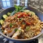 ['Close-up view of a vibrant Thai Peanut Chicken Noodle Bowl with vegetables and garnishes.', 'Side view of a colorful bowl filled with Thai Peanut Chicken Noodles, topped with peanuts and herbs.', 'Juicy Thai Peanut Chicken Noodle Bowl showcasing sliced chicken, noodles, and fresh veggies.', 'Mouthwatering image of a noodle bowl featuring Thai peanut sauce, chicken, and various fresh garnishes.']