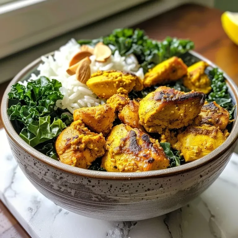 ['A vibrant turmeric chicken bowl featuring golden chicken, greens, rice, and almonds.', 'Close-up of a warm greens bowl with turmeric chicken, colorful vegetables, and a lemon wedge.', 'A flavorful Turmeric Chicken Bowl with sautéed kale, rice, and scattered toasted almonds.', 'A side view of a nutritious bowl showcasing juicy turmeric chicken, spinach, and rice, garnished with almonds.']
