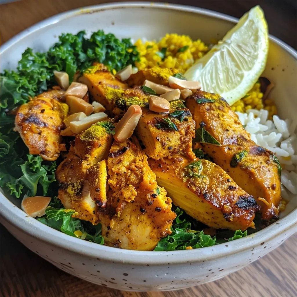 A vibrant turmeric chicken bowl featuring golden chicken, greens, rice, and almonds.