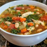 ['Close-up of a bowl of steaming Tuscan Chicken Soup with fresh ingredients visible.', 'Side view of Tuscan Chicken Soup showcasing vegetables, chicken, and herbs.', 'Hearty bowl of Tuscan Chicken Soup with a sprinkle of Parmesan and fresh parsley.', 'Delicious Tuscan Chicken Soup in a rustic bowl, highlighting its colorful ingredients.']