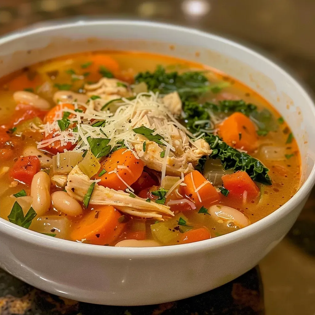 ['Close-up of a bowl of steaming Tuscan Chicken Soup with fresh ingredients visible.', 'Side view of Tuscan Chicken Soup showcasing vegetables, chicken, and herbs.', 'Hearty bowl of Tuscan Chicken Soup with a sprinkle of Parmesan and fresh parsley.', 'Delicious Tuscan Chicken Soup in a rustic bowl, highlighting its colorful ingredients.']