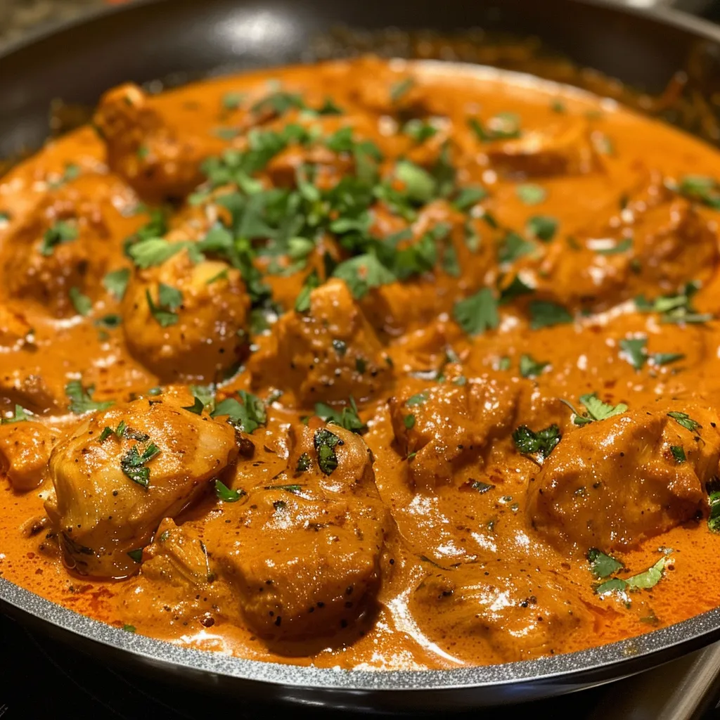 ['Close-up view of juicy homemade butter chicken served with cilantro.', 'Side view of tender butter chicken in a creamy tomato sauce garnished with herbs.', 'Delicious butter chicken dish with vibrant spices and a rich sauce.', 'Plate of butter chicken showcasing tender chicken pieces in a flavorful sauce.']