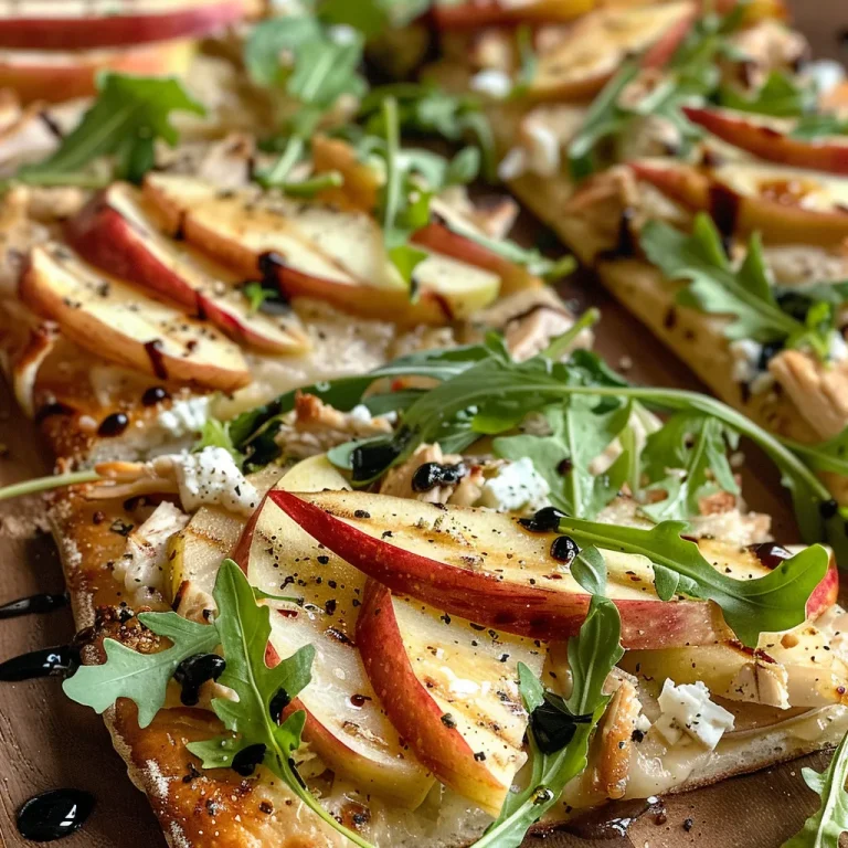 ['Close-up view of a flatbread topped with grilled chicken, sliced apples, and goat cheese.', 'Side view of a delicious flatbread featuring goat cheese, chicken, and arugula garnished with balsamic glaze.', 'Detailed image of a flatbread adorned with thin apple slices, grilled chicken, and creamy Spanish goat cheese.', 'Close-up of a vibrant flatbread with arugula, shallots, and drizzled balsamic glaze, showcasing its fresh ingredients.']