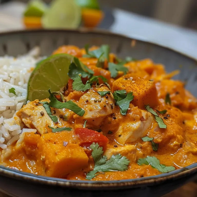 ['Close-up of creamy pumpkin curry in a bowl, garnished with fresh herbs.', 'Side view of a vibrant pumpkin curry dish, showcasing chicken pieces and rich sauce.', 'Luscious pumpkin curry with a smooth texture, served in a rustic bowl.', 'Hearty pumpkin curry with colorful ingredients displayed invitingly.']