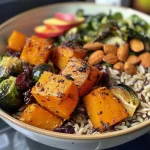 ['Close-up view of a wild rice harvest bowl featuring butternut squash, brussels sprouts, apples, and nuts.', 'Side view of a colorful wild rice salad with roasted vegetables and a drizzle of fig balsamic vinaigrette.', 'Detailed shot of a vibrant wild rice bowl topped with cheese, cranberries, and fresh greens.', 'Close-up of a hearty wild rice dish with assorted ingredients including squash and apples, garnished nicely.']