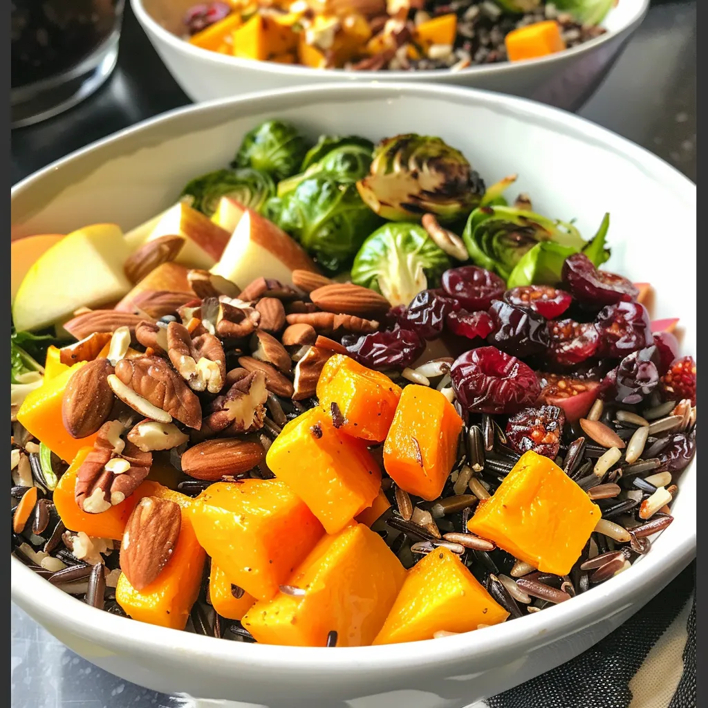 ['Close-up view of a wild rice harvest bowl featuring butternut squash, brussels sprouts, apples, and nuts.', 'Side view of a colorful wild rice salad with roasted vegetables and a drizzle of fig balsamic vinaigrette.', 'Detailed shot of a vibrant wild rice bowl topped with cheese, cranberries, and fresh greens.', 'Close-up of a hearty wild rice dish with assorted ingredients including squash and apples, garnished nicely.']