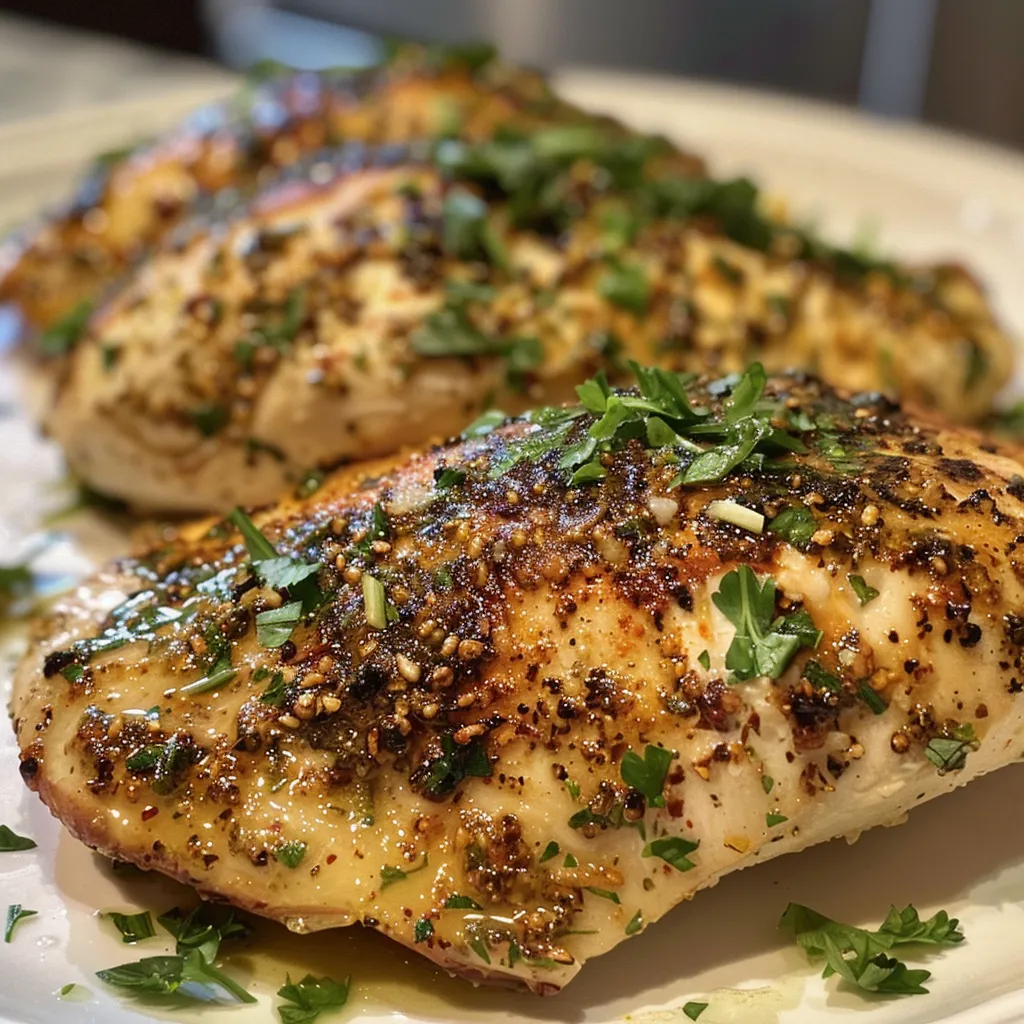 ['Juicy Zaatar Yogurt Chicken on a plate, garnished with fresh parsley.', 'Close-up view of marinated Zaatar Yogurt Chicken with a creamy texture.', 'Side view of tender chicken pieces coated in zesty yogurt and zaatar.', 'Succulent chicken breasts infused with zaatar seasoning alongside fresh herbs.']