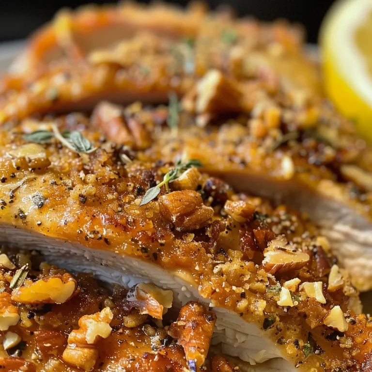 ['Close-up of juicy Maple Pecan-Crusted Chicken, showcasing golden-brown crust and garnished with fresh thyme.', 'Side view of Maple Pecan-Crusted Chicken, highlighting the crunchy texture and succulent meat.', 'Detailed close-up of Maple Pecan-Crusted Chicken, with visible pecans and a drizzle of maple syrup.', 'Appetizing Maple Pecan-Crusted Chicken, displaying its rich colors and garnishing elements.']