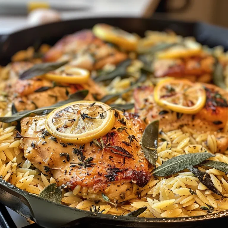 ['A close-up side view of a plate featuring One-Pan Sage Butter Chicken and Orzo, garnished with fresh sage leaves and lemon slices.', 'Juicy chicken thighs with a golden brown crust alongside creamy orzo pasta, fresh herbs, and lemon, captured in vibrant detail.', 'A mouthwatering dish of One-Pan Sage Butter Chicken and Orzo, showcasing tender chicken and perfectly cooked pasta.', 'Side view of a flavorful One-Pan meal with chicken, orzo, and sage, highlighting the glistening butter sauce and fresh ingredients.']