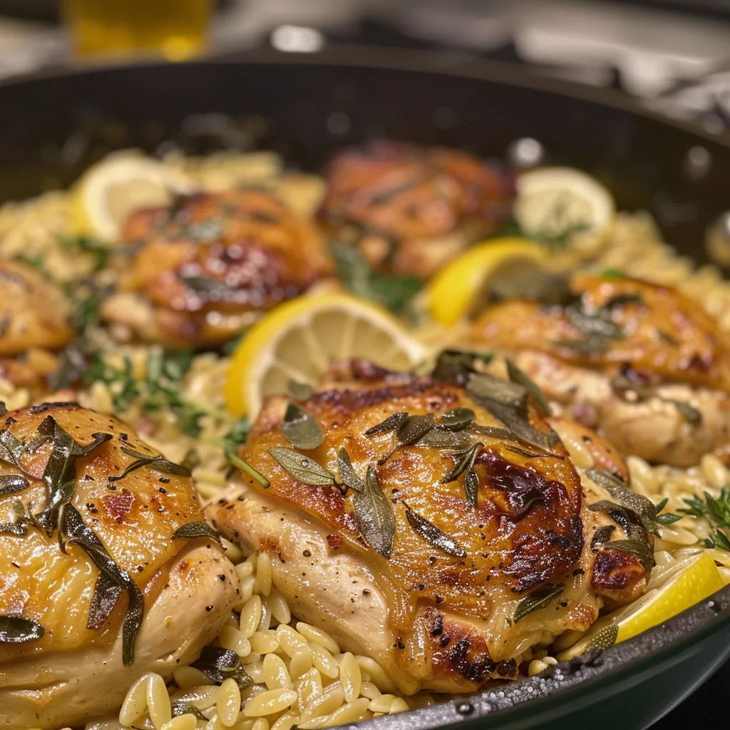 ['A close-up side view of a plate featuring One-Pan Sage Butter Chicken and Orzo, garnished with fresh sage leaves and lemon slices.', 'Juicy chicken thighs with a golden brown crust alongside creamy orzo pasta, fresh herbs, and lemon, captured in vibrant detail.', 'A mouthwatering dish of One-Pan Sage Butter Chicken and Orzo, showcasing tender chicken and perfectly cooked pasta.', 'Side view of a flavorful One-Pan meal with chicken, orzo, and sage, highlighting the glistening butter sauce and fresh ingredients.']