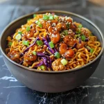 ['Close-up of sticky honey garlic chicken noodles served in a bowl with chives and sesame seeds.', 'Juicy honey garlic chicken over squiggly noodles, garnished with scallions and sesame seeds.', 'Side view of a vibrant dish featuring chicken, noodles, and a glossy honey garlic sauce.', 'Plated sticky honey garlic chicken noodles showcasing colorful coleslaw mix and garnishes.']