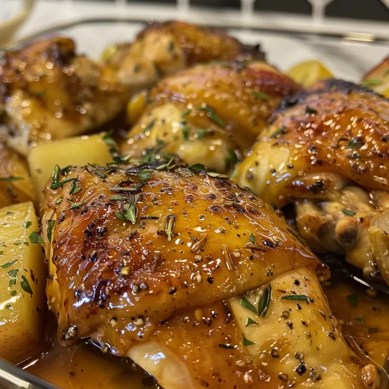 ['Close-up view of succulent apple glazed chicken thighs garnished with fresh herbs.', 'Side view of juicy chicken thighs coated in a shiny apple glaze, with sliced apples nearby.', 'Appetizing image of caramelized chicken thighs drizzled with apple sauce, resting on a plate.', 'Detail shot of crispy-skinned chicken thighs featuring a sweet apple glaze and fresh thyme.']