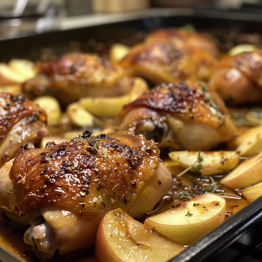 ['Close-up view of succulent apple glazed chicken thighs garnished with fresh herbs.', 'Side view of juicy chicken thighs coated in a shiny apple glaze, with sliced apples nearby.', 'Appetizing image of caramelized chicken thighs drizzled with apple sauce, resting on a plate.', 'Detail shot of crispy-skinned chicken thighs featuring a sweet apple glaze and fresh thyme.']