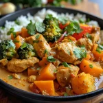 ['A close-up side view of a bowl filled with One Pot Chicken and Pumpkin Coconut Curry, showcasing vibrant colors and textures.', 'Juicy pieces of chicken and pumpkin in a creamy coconut curry, displayed in a rustic bowl against a light background.', 'A detailed shot of One Pot Chicken and Pumpkin Coconut Curry, highlighting the colorful vegetables and rich sauce.', 'A close-up view of a steaming bowl of chicken and pumpkin curry, featuring bright red peppers and green broccoli florets.']
