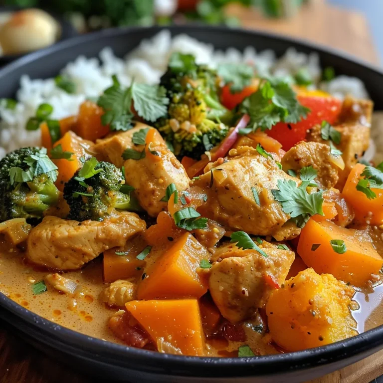 ['A close-up side view of a bowl filled with One Pot Chicken and Pumpkin Coconut Curry, showcasing vibrant colors and textures.', 'Juicy pieces of chicken and pumpkin in a creamy coconut curry, displayed in a rustic bowl against a light background.', 'A detailed shot of One Pot Chicken and Pumpkin Coconut Curry, highlighting the colorful vegetables and rich sauce.', 'A close-up view of a steaming bowl of chicken and pumpkin curry, featuring bright red peppers and green broccoli florets.']