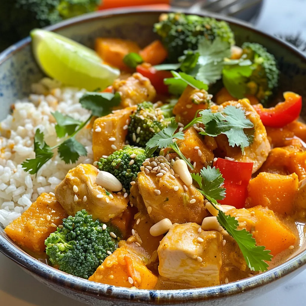 ['A close-up side view of a bowl filled with One Pot Chicken and Pumpkin Coconut Curry, showcasing vibrant colors and textures.', 'Juicy pieces of chicken and pumpkin in a creamy coconut curry, displayed in a rustic bowl against a light background.', 'A detailed shot of One Pot Chicken and Pumpkin Coconut Curry, highlighting the colorful vegetables and rich sauce.', 'A close-up view of a steaming bowl of chicken and pumpkin curry, featuring bright red peppers and green broccoli florets.']