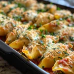 ['Close-up of cheesy stuffed shells filled with summer squash on a plate.', 'Juicy stuffed pasta shells topped with marinara sauce and melted cheese.', 'Side view of a dish featuring summer squash stuffed shells garnished with parsley.', 'Detailed shot of jumbo pasta shells filled with ricotta and vegetables.']