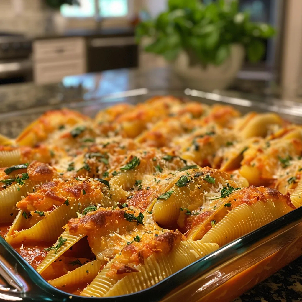 Close-up of cheesy stuffed shells filled with summer squash on a plate.