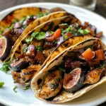 ['Juicy grilled chicken tacos topped with fresh fig and plum salsa.', 'Close-up of grilled chicken tacos with colorful fig and plum salsa.', 'Succulent grilled chicken served in corn tortillas with vibrant salsa.', 'Tacos filled with chicken and a fresh fig-plum topping, side view.']