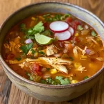 ['Close-up view of a bowl of Healthy Chicken Tortilla Soup garnished with cilantro and radishes.', 'A side view of a steaming bowl of Chicken Tortilla Soup with visible corn, chicken, and tortilla strips.', 'Detailed close-up of a vibrant Chicken Tortilla Soup showcasing fresh ingredients and garnishes.', 'A hearty serving of Healthy Chicken Tortilla Soup in a bowl, highlighting the tortilla and chicken pieces.']