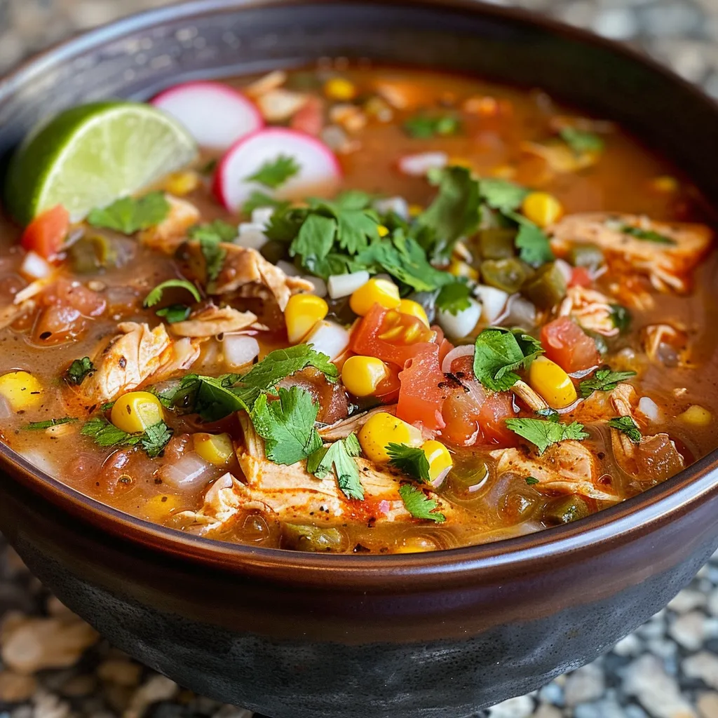 ['Close-up view of a bowl of Healthy Chicken Tortilla Soup garnished with cilantro and radishes.', 'A side view of a steaming bowl of Chicken Tortilla Soup with visible corn, chicken, and tortilla strips.', 'Detailed close-up of a vibrant Chicken Tortilla Soup showcasing fresh ingredients and garnishes.', 'A hearty serving of Healthy Chicken Tortilla Soup in a bowl, highlighting the tortilla and chicken pieces.']