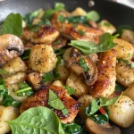 ['Close-up of a vibrant Healthier Chicken and Gnocchi Skillet showcasing tender chicken, gnocchi, and vegetables.', 'Side view photo of a skillet filled with chicken, gnocchi, spinach, and mushrooms, garnished with parsley.', 'Delicious Healthier Chicken and Gnocchi Skillet displaying juicy chicken pieces mixed with fresh ingredients.', 'Colorful and appetizing chicken and gnocchi dish in a skillet, highlighting its creamy texture and fresh herbs.']
