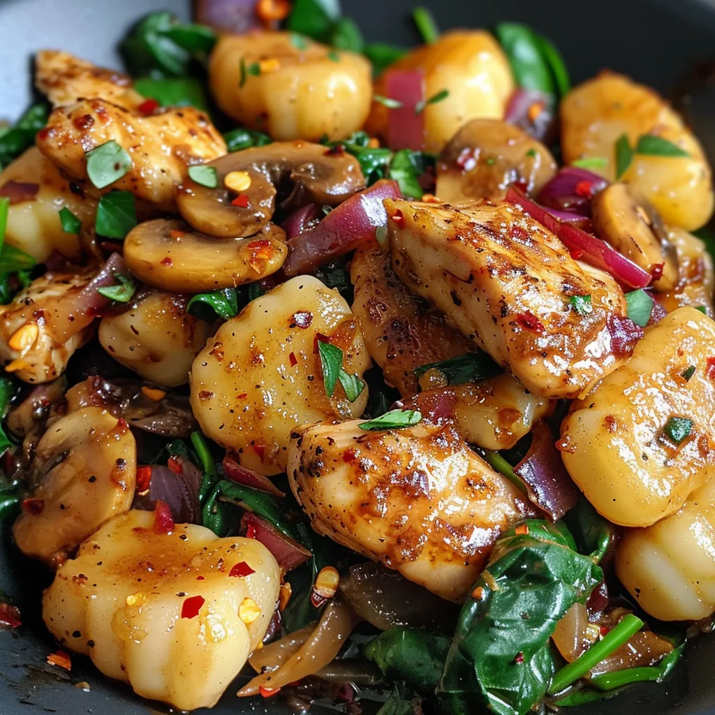 ['Close-up of a vibrant Healthier Chicken and Gnocchi Skillet showcasing tender chicken, gnocchi, and vegetables.', 'Side view photo of a skillet filled with chicken, gnocchi, spinach, and mushrooms, garnished with parsley.', 'Delicious Healthier Chicken and Gnocchi Skillet displaying juicy chicken pieces mixed with fresh ingredients.', 'Colorful and appetizing chicken and gnocchi dish in a skillet, highlighting its creamy texture and fresh herbs.']