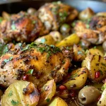 ['Close-up view of Baharat chicken thighs with roasted potatoes and a fresh herb-date salad.', 'Juicy Baharat chicken served with halved red potatoes and a colorful herb salad featuring dates.', 'Plate of Baharat chicken garnished with potatoes and a vibrant salad of herbs and olives.', 'Side view of succulent chicken thighs seasoned with Baharat beside a salad of parsley, dill, and mint.']
