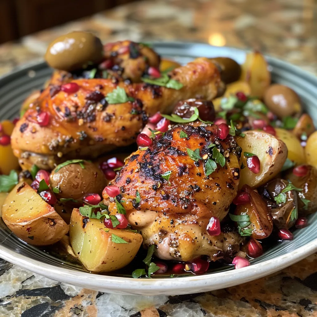 ['Close-up view of Baharat chicken thighs with roasted potatoes and a fresh herb-date salad.', 'Juicy Baharat chicken served with halved red potatoes and a colorful herb salad featuring dates.', 'Plate of Baharat chicken garnished with potatoes and a vibrant salad of herbs and olives.', 'Side view of succulent chicken thighs seasoned with Baharat beside a salad of parsley, dill, and mint.']