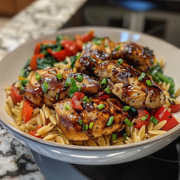 ['A close-up view of juicy balsamic chicken orzo featuring vibrant bell peppers and spinach.', 'Side view of a delicious plate of high-protein balsamic chicken orzo with creamy sauce and colorful vegetables.', 'Detailed photo of balsamic chicken orzo highlighting tender chicken thighs and fresh herbs.', 'Close-up shot of a warm serving of balsamic chicken orzo displaying rich colors and textures.']
