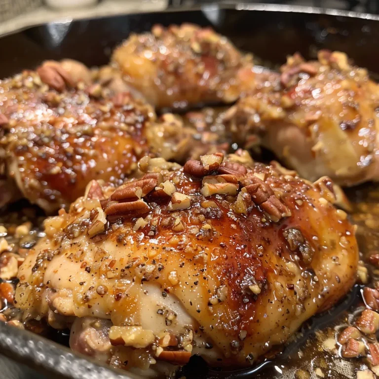 ['Juicy Maple Bourbon Pecan Chicken served on a wooden plate.', 'Close-up of succulent chicken thighs topped with chopped pecans and maple drizzle.', 'Side view of Maple Bourbon Pecan Chicken garnished with pecans and fresh herbs.', 'Appetizing chicken dish featuring a glossy maple glaze and crunchy pecans.']