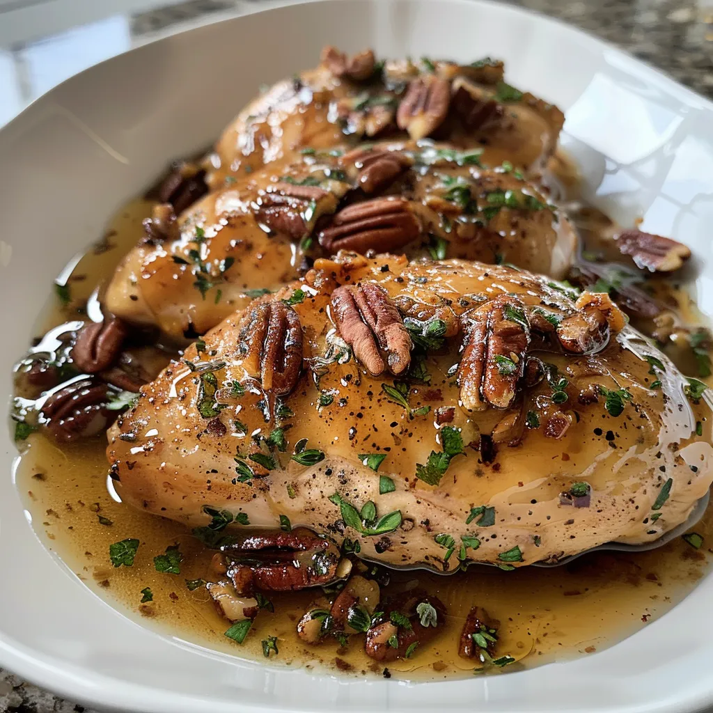 ['Juicy Maple Bourbon Pecan Chicken served on a wooden plate.', 'Close-up of succulent chicken thighs topped with chopped pecans and maple drizzle.', 'Side view of Maple Bourbon Pecan Chicken garnished with pecans and fresh herbs.', 'Appetizing chicken dish featuring a glossy maple glaze and crunchy pecans.']