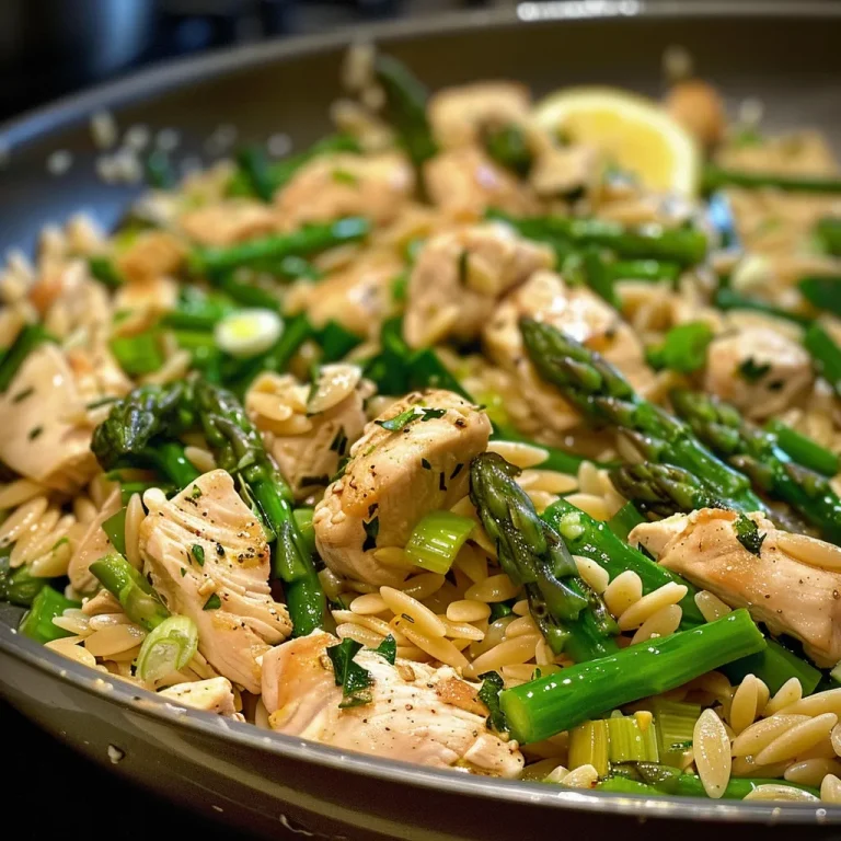 ['Close-up of a vibrant plate of orzo with chicken pieces and asparagus.', 'Side view of a delicious bowl of orzo with cooked chicken and fresh asparagus.', 'Juicy orzo dish featuring diced chicken and bright green asparagus tips.', 'Close-up shot of a colorful orzo meal with chicken, asparagus, and herbs.']