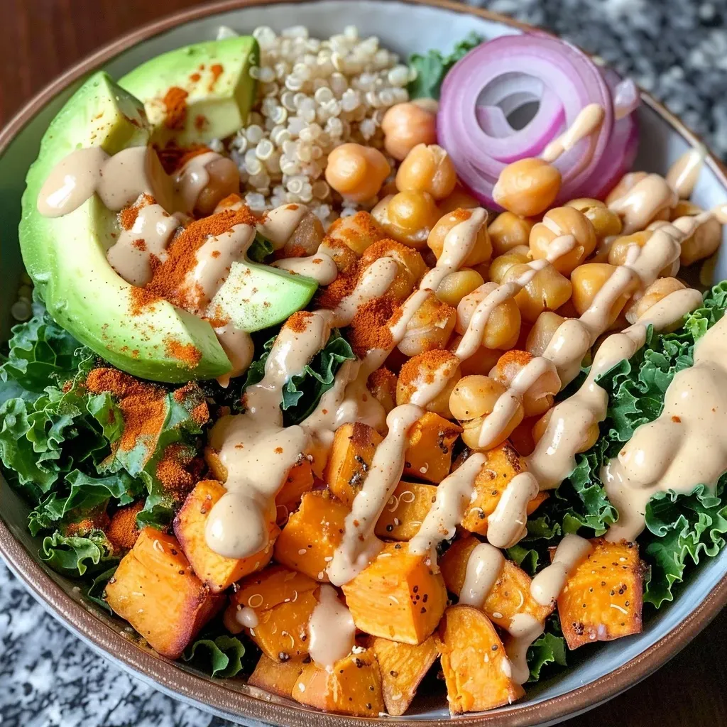 ['A colorful Vegan Sweet Potato Chickpea Buddha Bowl featuring quinoa, kale, avocado, and roasted sweet potatoes.', 'A close-up view of a nutritious Buddha Bowl filled with chickpeas, kale, and sweet potatoes, arranged artistically.', 'A vibrant vegan dish showcasing quinoa, roasted sweet potatoes, and a drizzle of lemon tahini dressing.', 'An overhead shot of a Buddha Bowl with an array of vegetables, chickpeas, and dressing, served in a bowl.']
