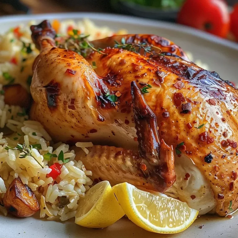 ['Close-up of a juicy whole roast chicken served alongside vibrant pilafi rice.', 'Side view of a golden-brown roast chicken with fluffy pilafi rice on a plate.', 'Whole roast chicken garnished with herbs next to a mound of pilafi rice.', 'Delicious, succulent whole roast chicken paired with aromatic pilafi rice.']