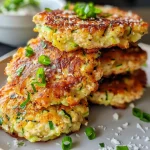 ['Juicy zucchini chicken fritters stacked on a plate, garnished with green onions and parsley.', 'Close-up view of golden-brown zucchini chicken fritters with visible shredded cheese and herbs.', 'Side angle of freshly cooked zucchini chicken fritters served on a rustic wooden table.', 'Delicious zucchini chicken fritters with a crispy exterior, decorated with sliced green onions on top.']